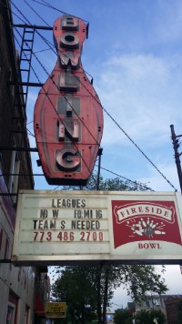 Fireside Bowl’s original vertical bowling pin sign on Fullerton Avenue